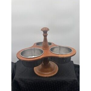 Wooden Condiment Stand with Three Stainless Bowl Inserts Vintage By Woodcraftery